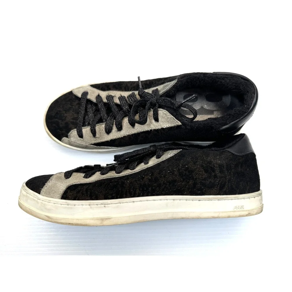 P448 John Leopard Faux Fur Lined Sneakers Women 39 US 8.5-9 Lace-up‎ Low Top